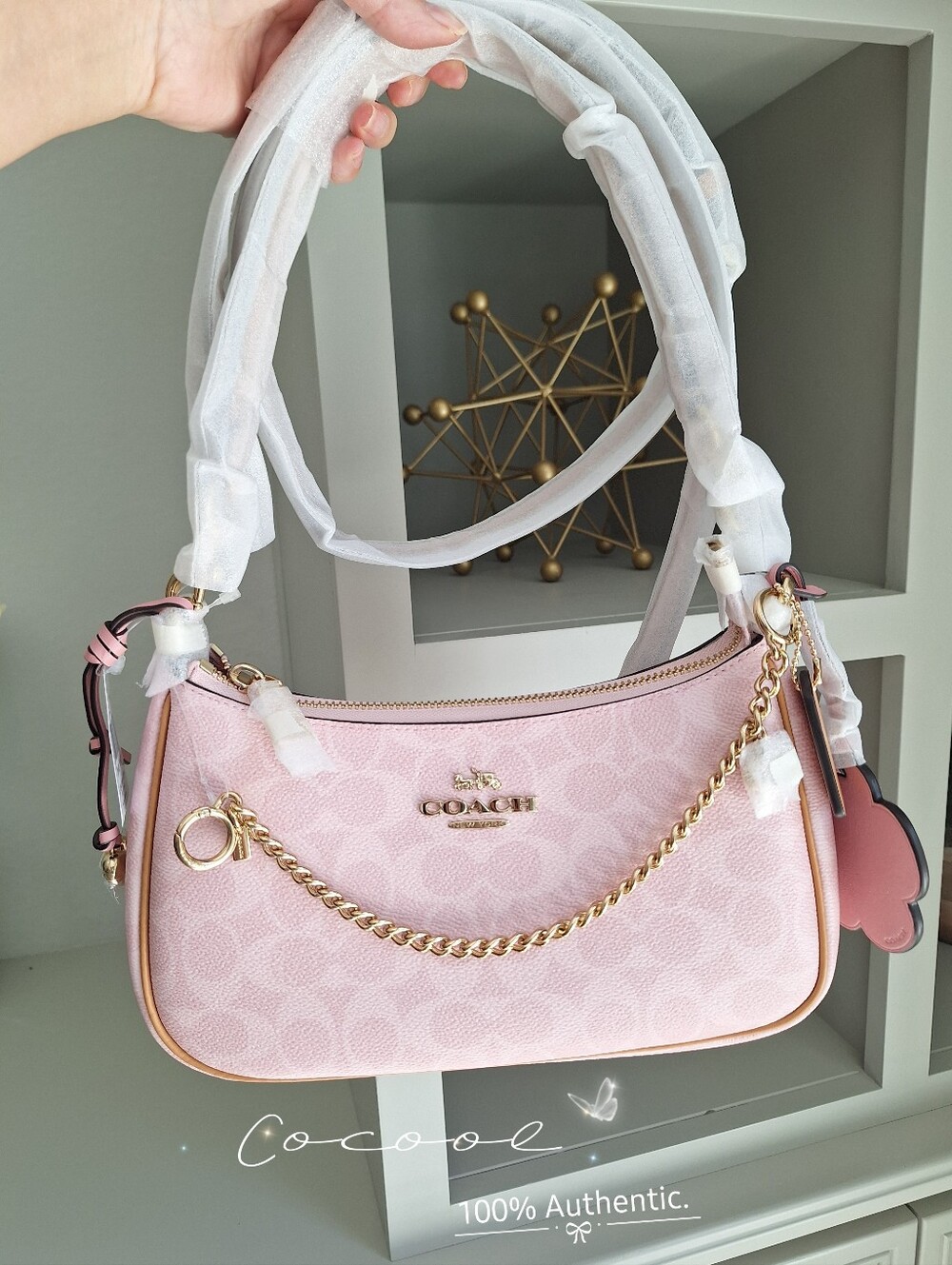 NWT Coach Gold Powder Pink Teri Shoulder Bag Signature with Charms CEA20